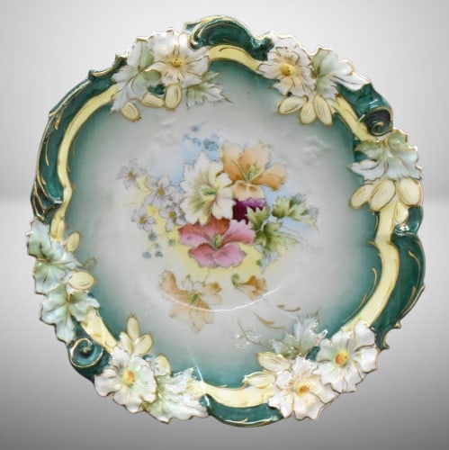 Handpainted porcelain 10"d bowl, multi-colored flowers, floral mold, circle mold mark: Handpainted porcelain 10"d bowl, multi-colored flowers, floral mold, circle mold mark;