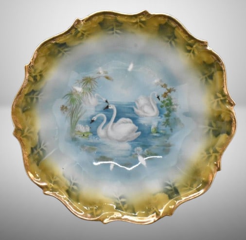 Handpainted porcelain 11"d bowl, Swans on Lake: Handpainted porcelain 11"d bowl, Swans on Lake;