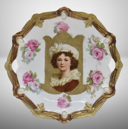 R.S. Prussia Ribbon and Jewel 10.5"d cake plate featuring LeBrun II portrait on gold stippled: R.S. Prussia Ribbon and Jewel 10.5"d cake plate featuring LeBrun II portrait on gold stippled background, red mark;
