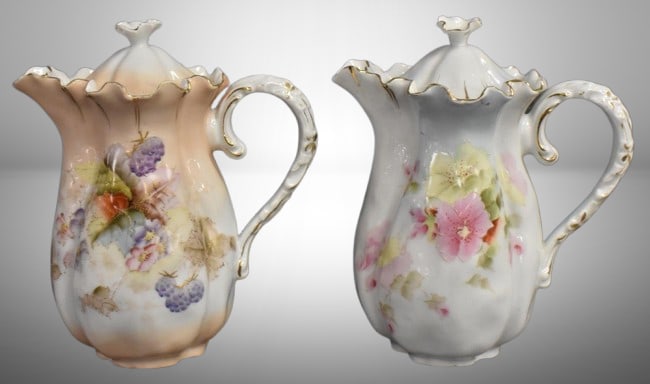 (2) RSP Old Mold 7.5" chocolate pots, floral designs: (2) RSP Old Mold 7.5" chocolate pots, floral designs;