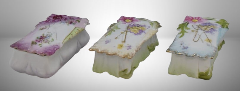 (3) RSP trinket/ match cov. boxes, floral designs and mold: (3) RSP trinket/ match cov. boxes, floral designs and mold;