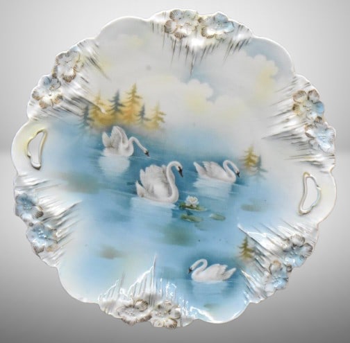 R.S. Prussia Icicle Mold 10"d cake plate, Swans on Lake, wheelock Prussia mark: R.S. Prussia Icicle Mold 10"d cake plate, Swans on Lake, wheelock Prussia mark;