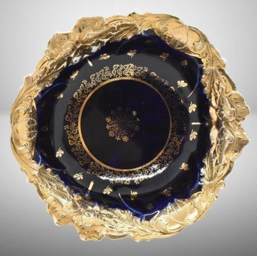 Handpainted porcelain 10.5"d cobalt bowl w/heavy gold border and stenciling: Handpainted porcelain 10.5"d cobalt bowl w/heavy gold border and stenciling;