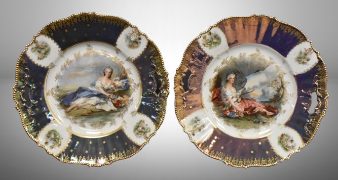 (2) R.S. Prussia Mold 343 cake plates, 10.5"d: Flora figural and Diana the Huntress: (2) R.S. Prussia Mold 343 cake plates, 10.5"d: Flora figural and Diana the Huntress; Tiffany finish borders w/ cherubs in medallions