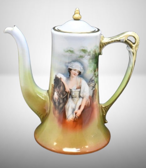 Mrkd. Royal Bayreuth 6.5" demitasse coffee pot, Lady and Horse, blue mark: Mrkd. Royal Bayreuth 6.5" demitasse coffee pot, Lady and Horse, blue mark ;