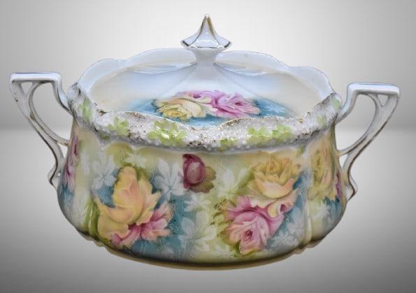 R.S. Prussia Stippled Floral Mold biscuit/ cracker jar, pink and yellow roses, circle mold mark: R.S. Prussia Stippled Floral Mold biscuit/ cracker jar, pink and yellow roses, circle mold mark;