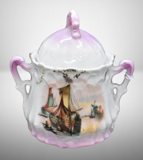 Mrkd. Made in Germany 4"h sugar bowl to child's set, Holland scene w/ sailboats: Mrkd. Made in Germany 4"h sugar bowl to child's set, Holland scene w/ sailboats;