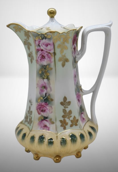 R.S. Prussia Mold 632 8"h chocolate pot, alternating panels of pink roses and gold leaf stencils,: R.S. Prussia Mold 632 8"h chocolate pot, alternating panels of pink roses and gold leaf stencils, red mark;