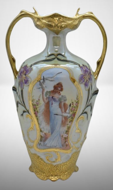 E.S. Germany/Prov Saxe "Lady with Doves" 11" vase: E.S. Germany/Prov Saxe "Lady with Doves" 11" vase; lots of gold gilt, iridized interior finish