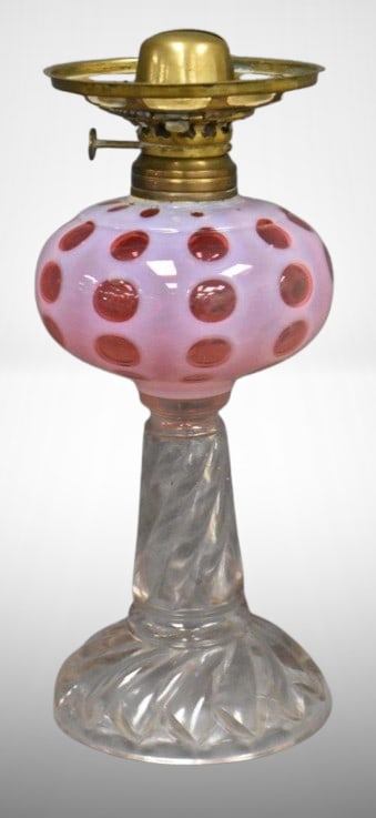 Cranberry opalescent Coin Dot 11"h kerosene lamp w/ clear swirl base (1 of 7)