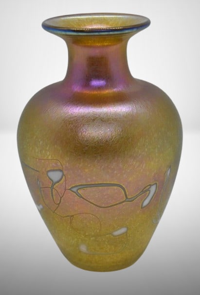 Signed Robert Held Art Gass 5.5" gold irid. vase w/ white opal. abstract (1 of 6)