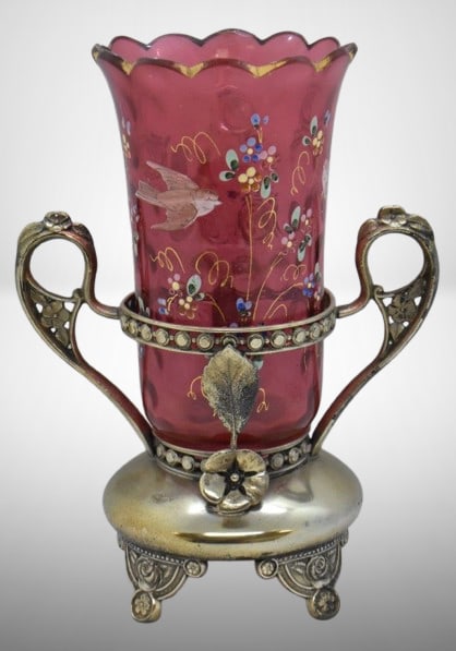 Victorian Cranberry glass celery vase in ornate silver dbl. handled holder (1 of 12)
