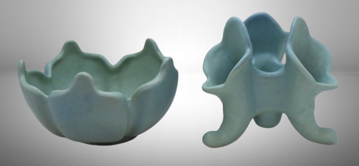 (2) Van Briggle pottery pieces: triple cornucopia and bowl, turqouise (1 of 11)