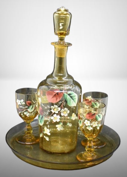 Victorian enameled amber glass liqueur set: decanter, (3) cordials and underplate (1 of 7)