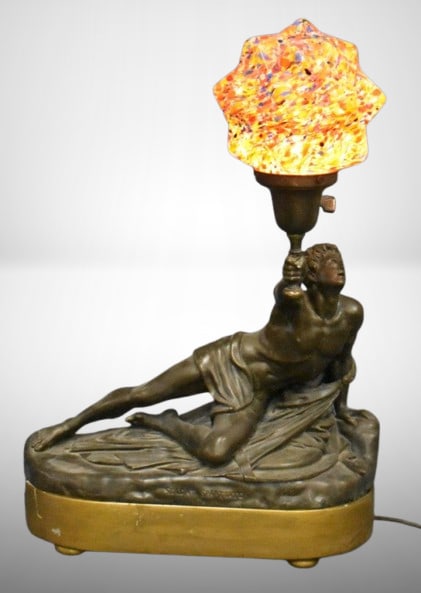 Art Deco metal figural lamp labeled "Soldat Spartiate" w/ Czech blown spatter Starburst shade (1 of 18)