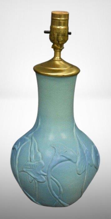 Van Briggle 14" tall table lamp, embossed Lilies design, turquoise (1 of 8)