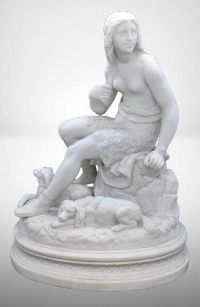 Parian 11"h figurine - young girl w/ 2 dogs laying at her feet: Parian 11"h figurine - young girl w/ 2 dogs laying at her feet;