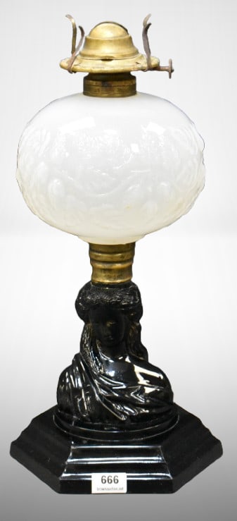 Black onyx glass 10" figural oil lamp, clear frosted embossed berries and leaves font: Black onyx glass 10" figural oil lamp, clear frosted embossed berries and leaves font ;