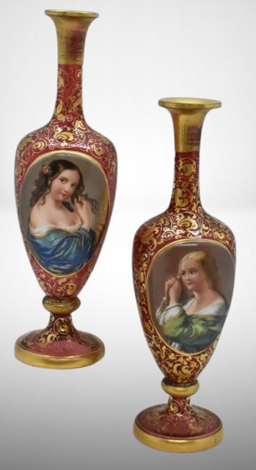 Pair of Bohemian Moser cranberry 8"h portrait vases, gilt decoration (1 of 12)