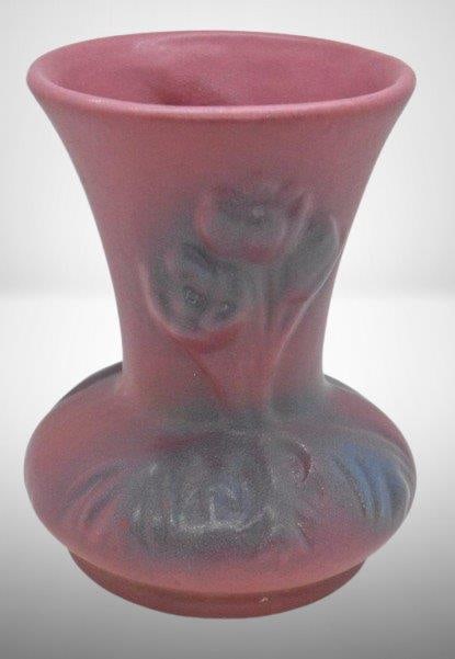 Van Briggle 5"h vase, embossed Tulips, maroon w/ blue overshot (1 of 5)