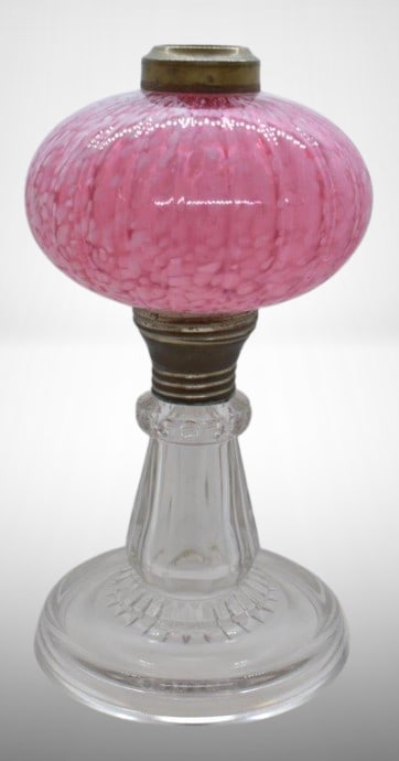 Cranberry w/ mottled white 9.5" kerosene lamp: Cranberry w/ mottled white 9.5" kerosene lamp;