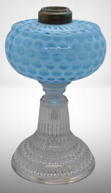 Hobbs No. 326 Windows/ Coin Dot kerosene stand lamp, blue opal., 8.25" (1 of 6)