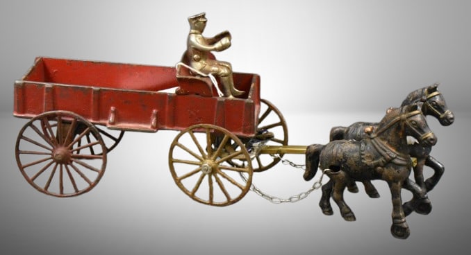 Cast Iron horse-drawn red farm wagon w/ driver, 14"l (1 of 7)