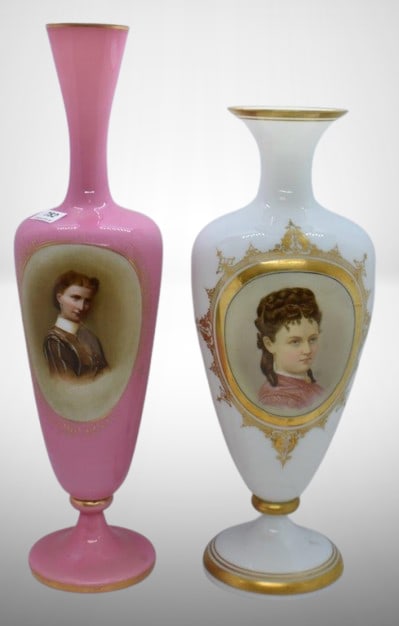 (2) Victorian Bristol glass portrait vases, 11.5" and 13.5" (1 of 8)