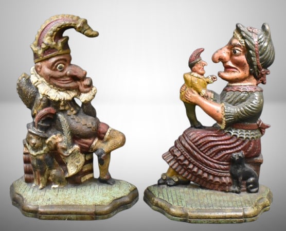 Cast Iron Punch and Judy door stops, 12"t: Cast Iron Punch and Judy door stops, 12"t;