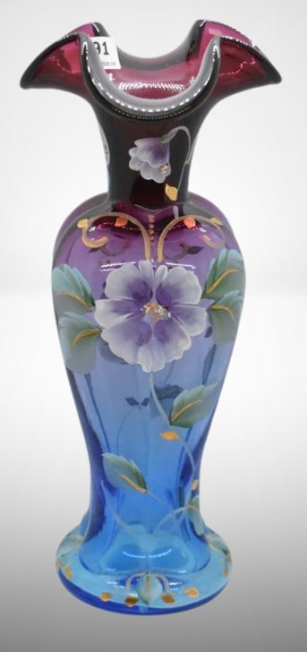 Fenton Art Glass HP floral 9" vase, mulberry (1 of 5)