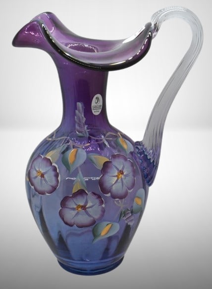 Fenton Art Glass HP floral 9.5" pitcher, mulberry: Fenton Art Glass HP floral 9.5" pitcher, mulberry; paper label, artist signed and numbered