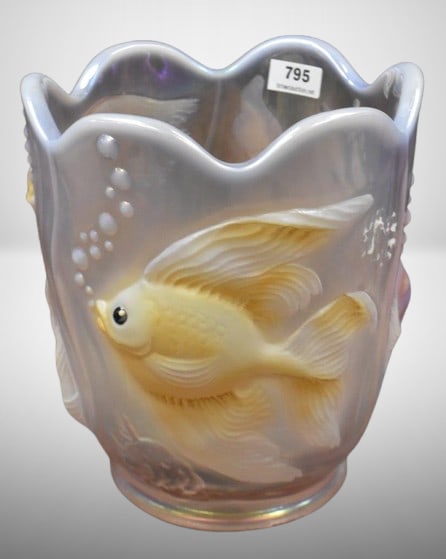 Fenton Art Glass irid. Rosalene 6.5" vase, Atlantis Koi: Fenton Art Glass irid. Rosalene 6.5" vase, Atlantis Koi; paper label, artist signed and numbered