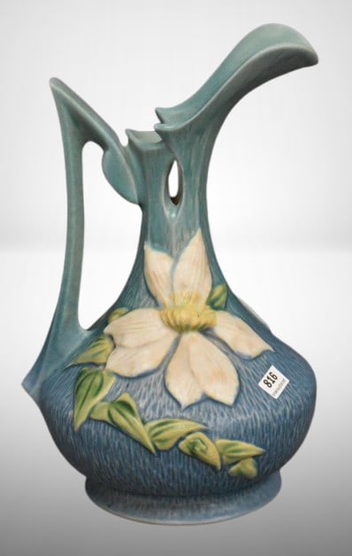 Roseville Clematis 17-10" ewer, blue: Roseville Clematis 17-10" ewer, blue;