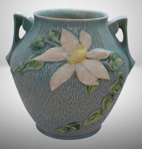 Roseville Clematis 3-8" cookie jar, no lid so now it's a vase, blue (1 of 5)