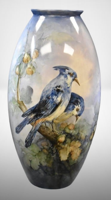 Mrkd. Belleek Willets HP 18.5" floor vase, Blue jays (1 of 9)