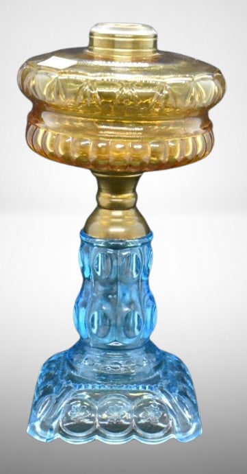 EAPG 10" kerosene lamp stand, blue base and amber font (1 of 9)