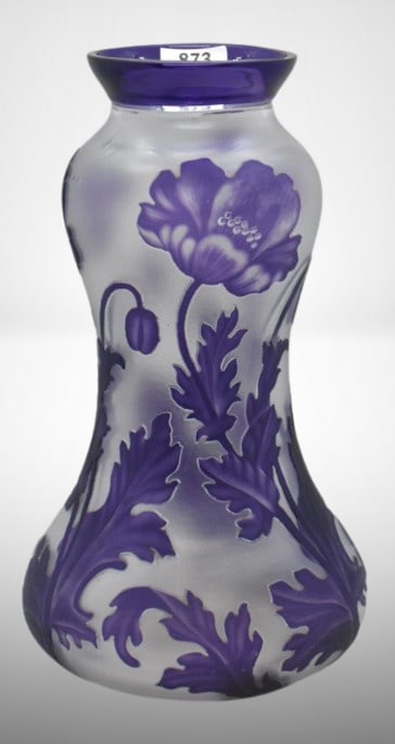 Val Saint Lambert acid-etched 8.5" vase decorated w/ Poppies, Boma Model (1 of 10)