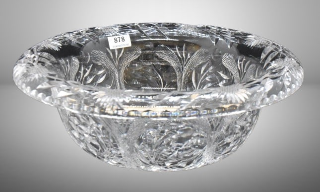 European Badash Crystal 3.5"h x 10"d heavily etched bowl, rolled rim: European Badash Crystal 3.5"h x 10"d heavily etched bowl, rolled rim;