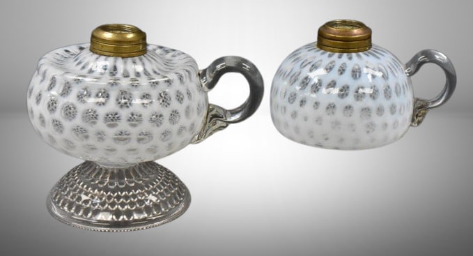 (2) Clear opalescent kerosene finger lamps (1 of 8)