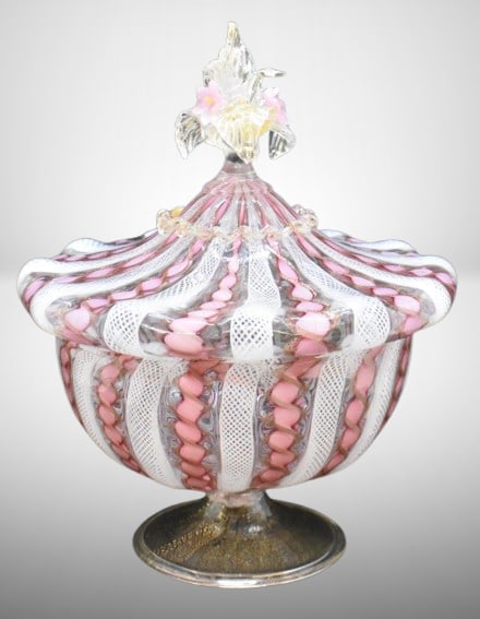 Murano Latticino 8"h cov. candy dish w/ flowers and leaves figural finial, pink Ribbon (1 of 8)