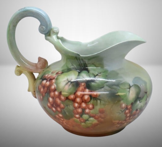 Mrkd. Limoges/ France 8" cider pitcher, HP grapes and leaves (1 of 9)