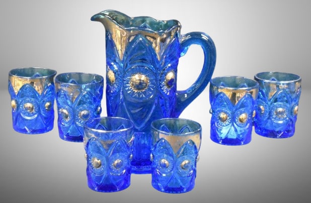 EAPG Bullseye and Fan 7 pc. water set, blue w/ gold (1 of 11)