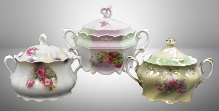 (3) Handpainted porcelain biscuit/ cracker jars, floral designs (1 of 9)