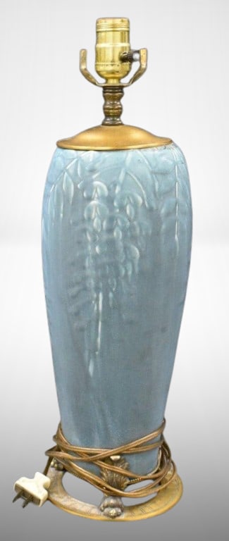 Rookwood 19" blue table lamp in Wisteria pattern, footed gold base (1 of 8)