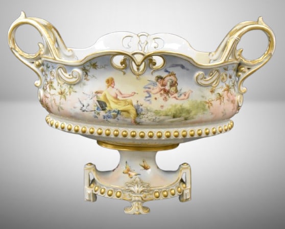 Scenic Dresden dbl. handled centerpiece bowl: Scenic Dresden dbl. handled centerpiece bowl; 11.5"h x 15"l