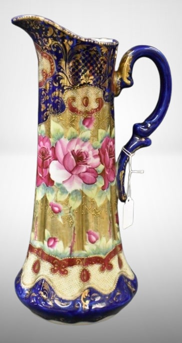 Nippon 16"h cobalt tankard, large HP pink roses: Nippon 16"h cobalt tankard, large HP pink roses ;