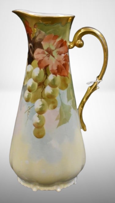 Mrkd. Limoges France 10.5"h pitcher w/ handpainted grapes and foliage (1 of 8)