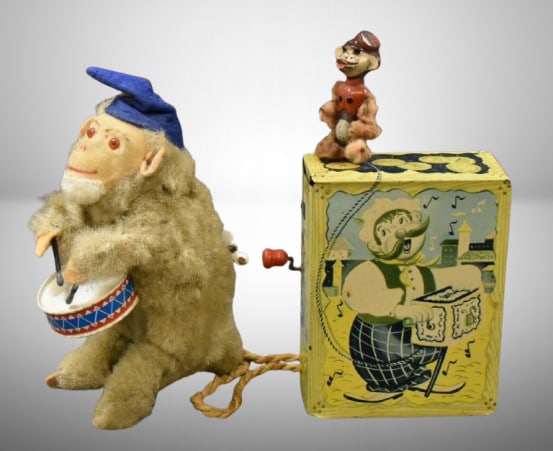 (2) Vintage Toys: Organ Grinder Ted Duncan tin-litho; Wind-up monkey with drums (1 of 12)
