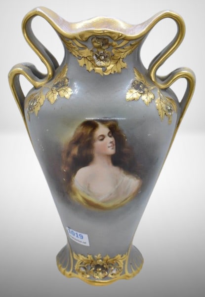 Mrkd. Royal Bonn Art Nouveau 8.5" portrait vase: Mrkd. Royal Bonn Art Nouveau 8.5" portrait vase; additional gold enamel/ embossed flowers