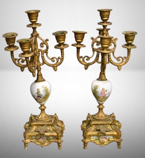Pair of 5-lite 16" tall brass candelabras w/ handpainted porcelain accents: Pair of 5-lite 16" tall brass candelabras w/ handpainted porcelain accents ;